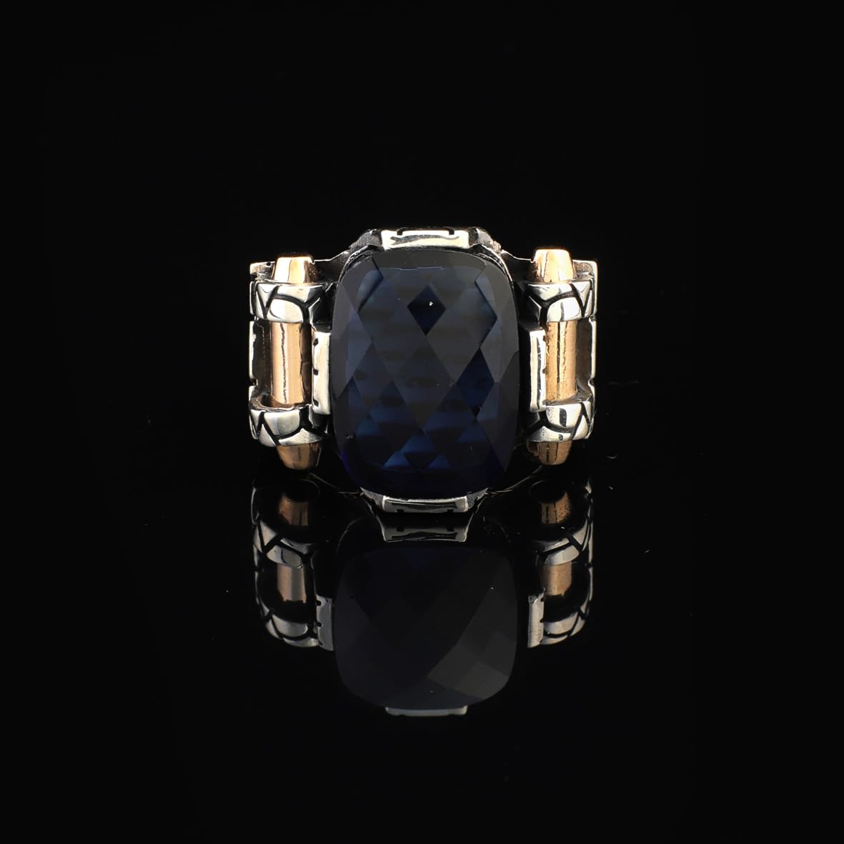 Handmade Sterling Silver Sapphire Ring for Men - Ottoman-Style Vintage Gemstone Pinky Ring with Custom Engraving