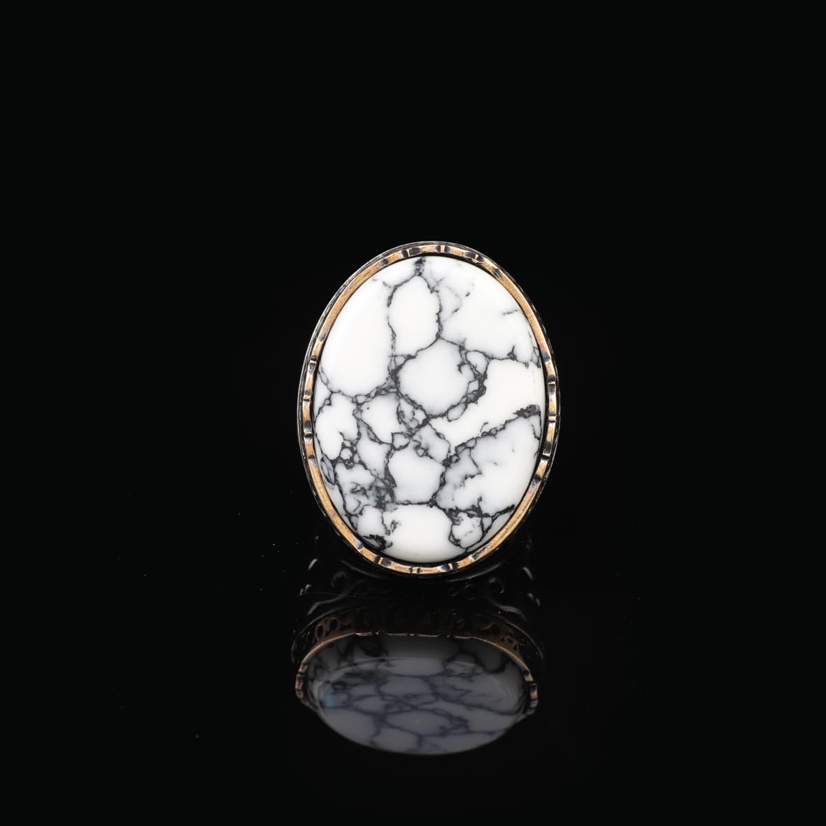 White Turquoise Oval Gemstone Ring for Men - Handmade Ottoman Style 925 Sterling Silver Large Vintage Ring with Silver Polishing Cloth Gift