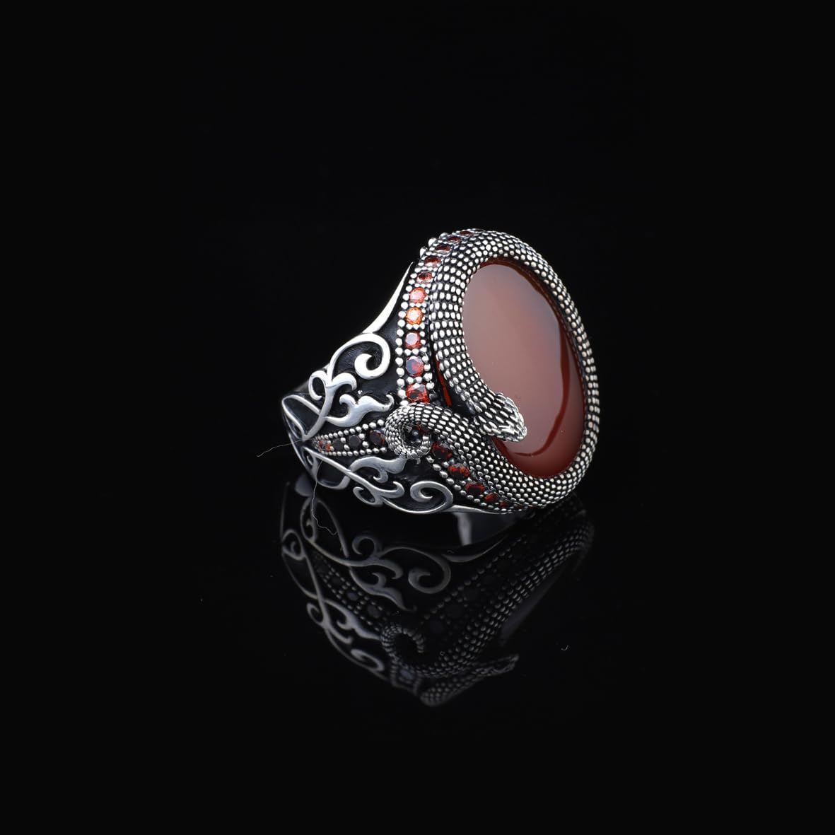 Handmade 925 Sterling Silver Snake Ring with Carnelian Gemstone - Men's Jewelry