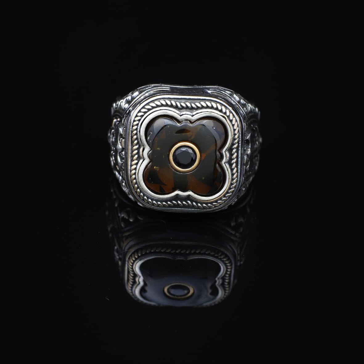 Handmade Vintage Ax Amber Ring with Micro Onyx Stone in 925 Sterling Silver for Men - Unique Gemstone Jewelry - Silver Polishing Cloth Gift