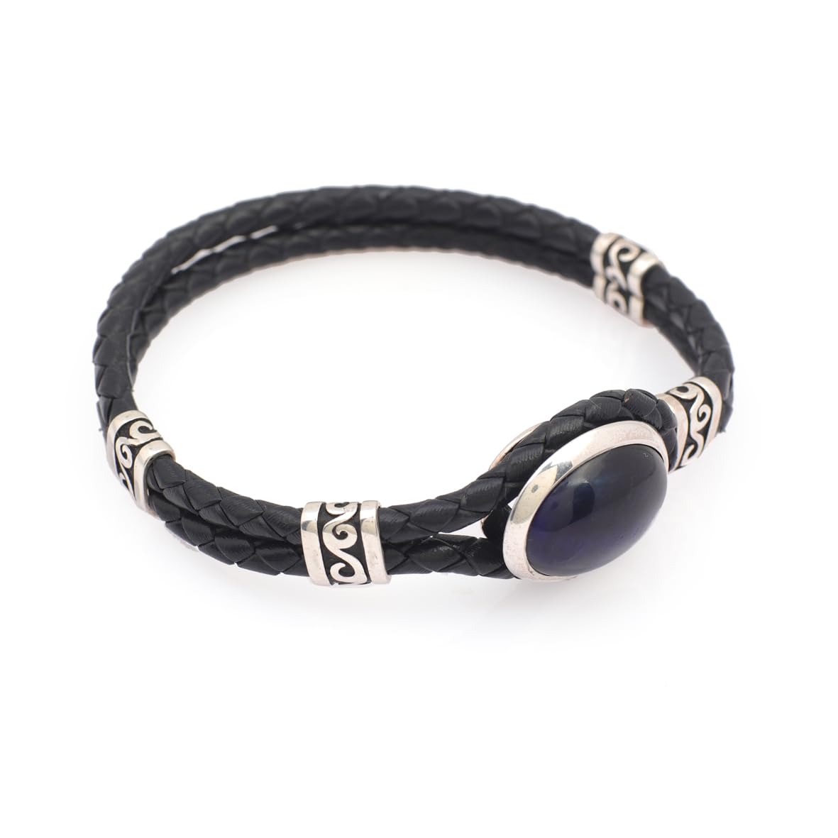 Vintage Men’s Leather Bracelet with Blue Tiger Eye Gemstone – Sterling Silver