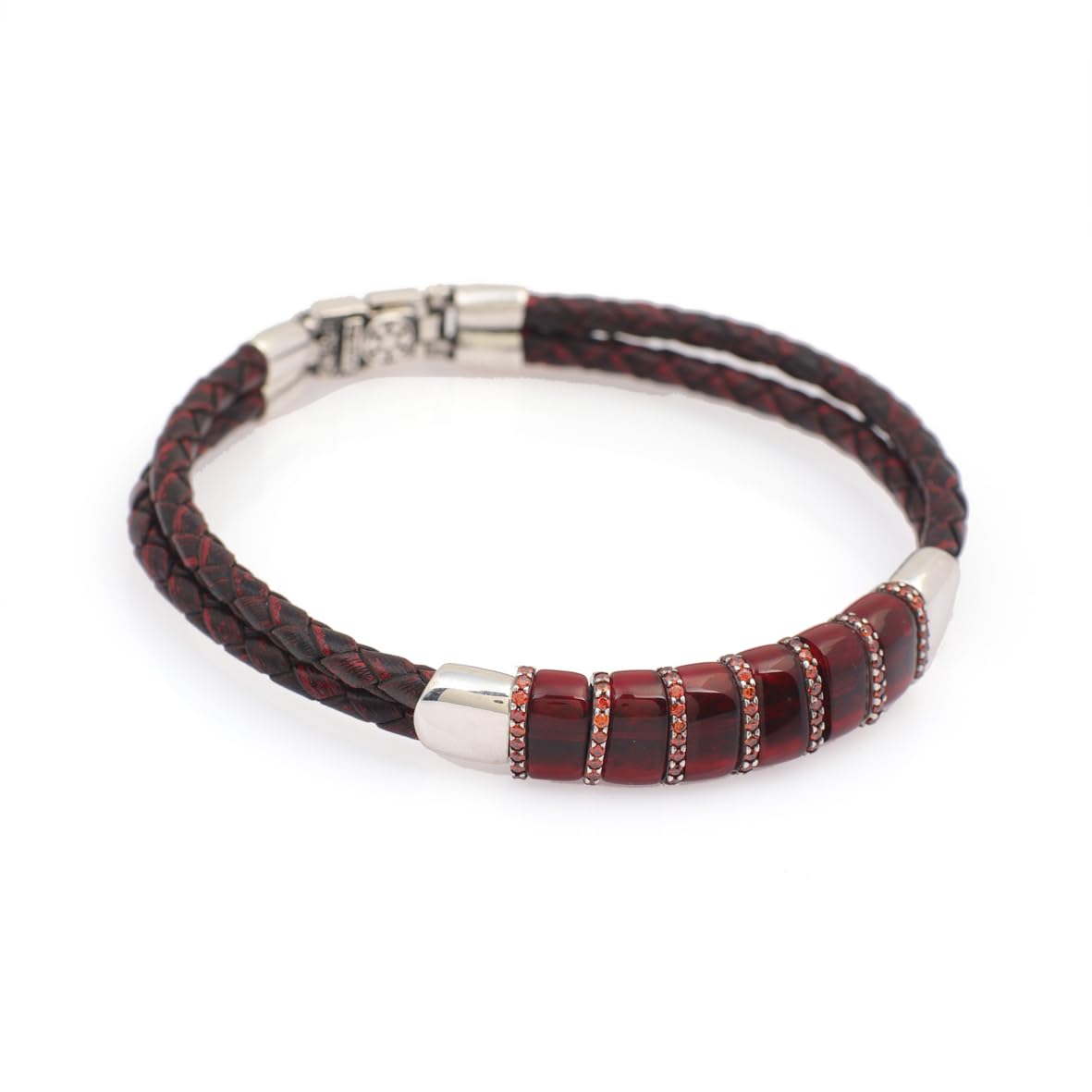Vintage Men Leather Bracelet with Natural Ruby Stone in Sterling Silver – Personalized