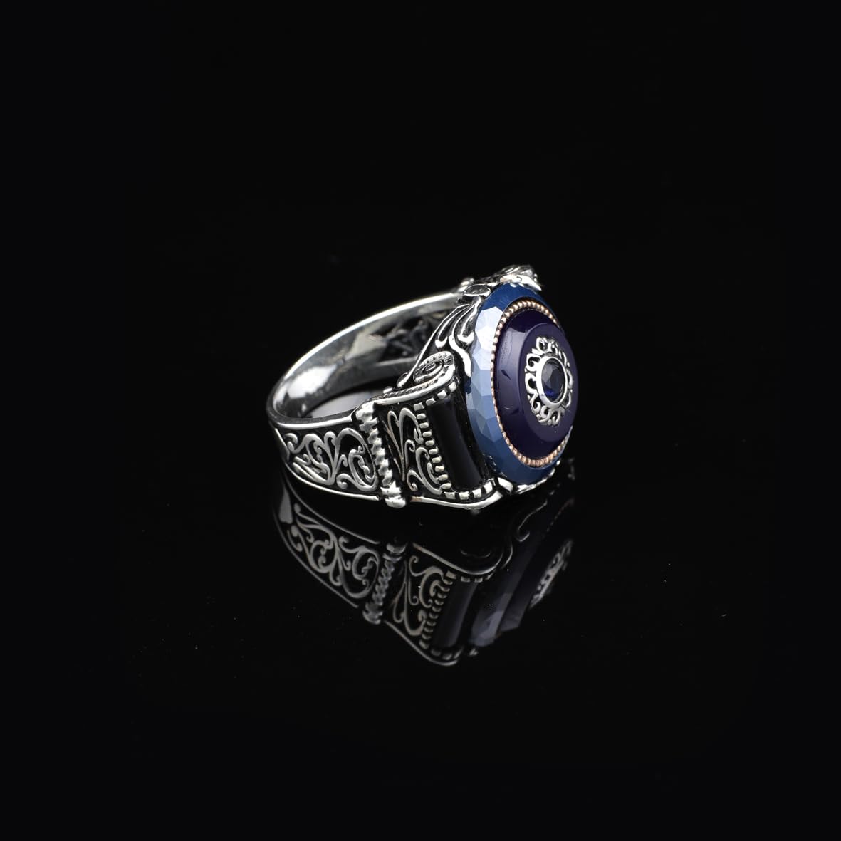 Handmade Blue Tiger Eye Ring for Men - Ottoman Style 925 Sterling Silver Gemstone Jewelry with Polishing Cloth Gift