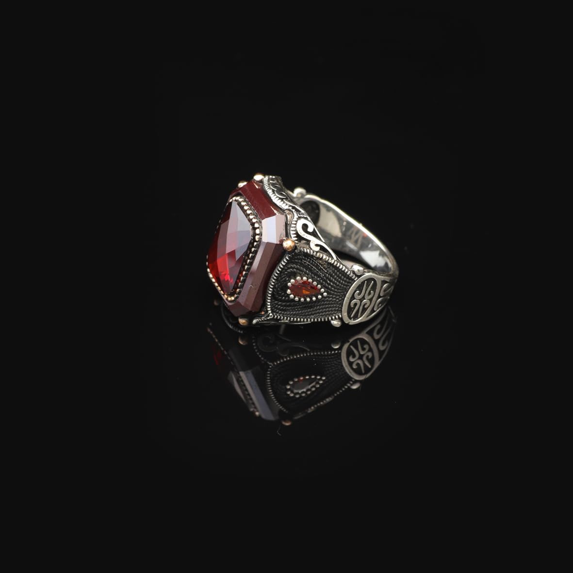 Handmade Vintage Men's Garnet Ring - 925 Sterling Silver Turkish Gemstone Ring