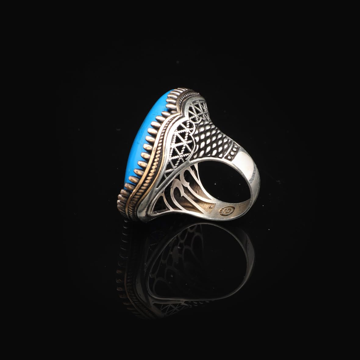 Vintage Genuine Turquoise Men's Ring - Large Oval Stone in Polished 925 Sterling Silver