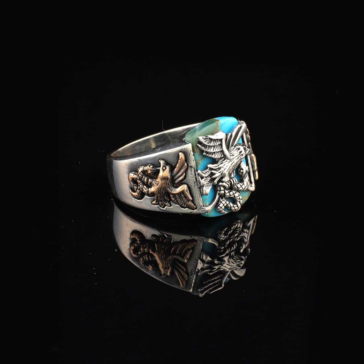 Handmade Snake Ring with Eagle Model - Men's Turquoise Signet Pinky Ring in Sterling Silver - Custom Engraving Vintage Engagement Ring - Gift Silver Polishing Cloth Included