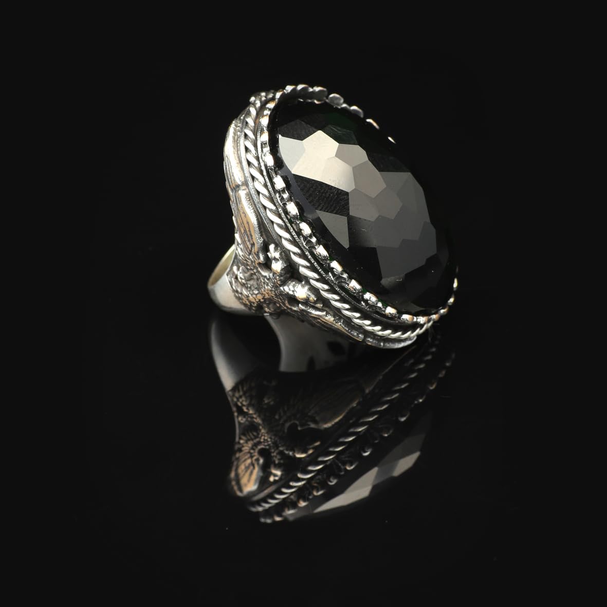 Vintage Emerald Eagle Ring for Men - Large Oval Stone 925 Sterling Silver Turkish Handmade Polished Engagement Ring with Silver Polishing Cloth Gift