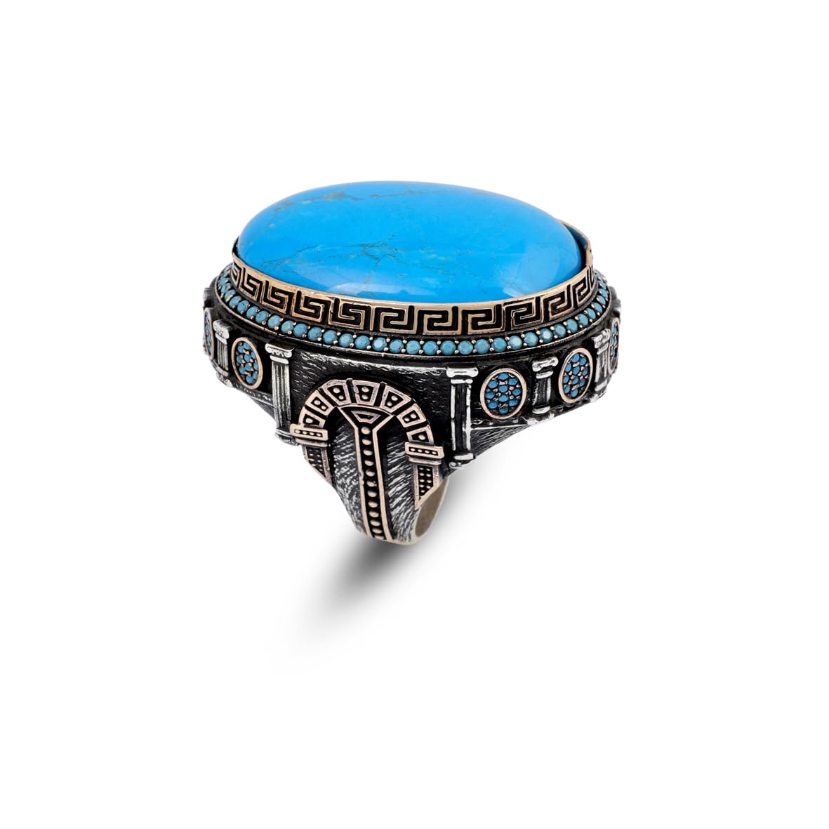 Turquoise Stone with Micro Stone – Large Oval Vintage Men’s Ring in Polished 925 Sterling Silver