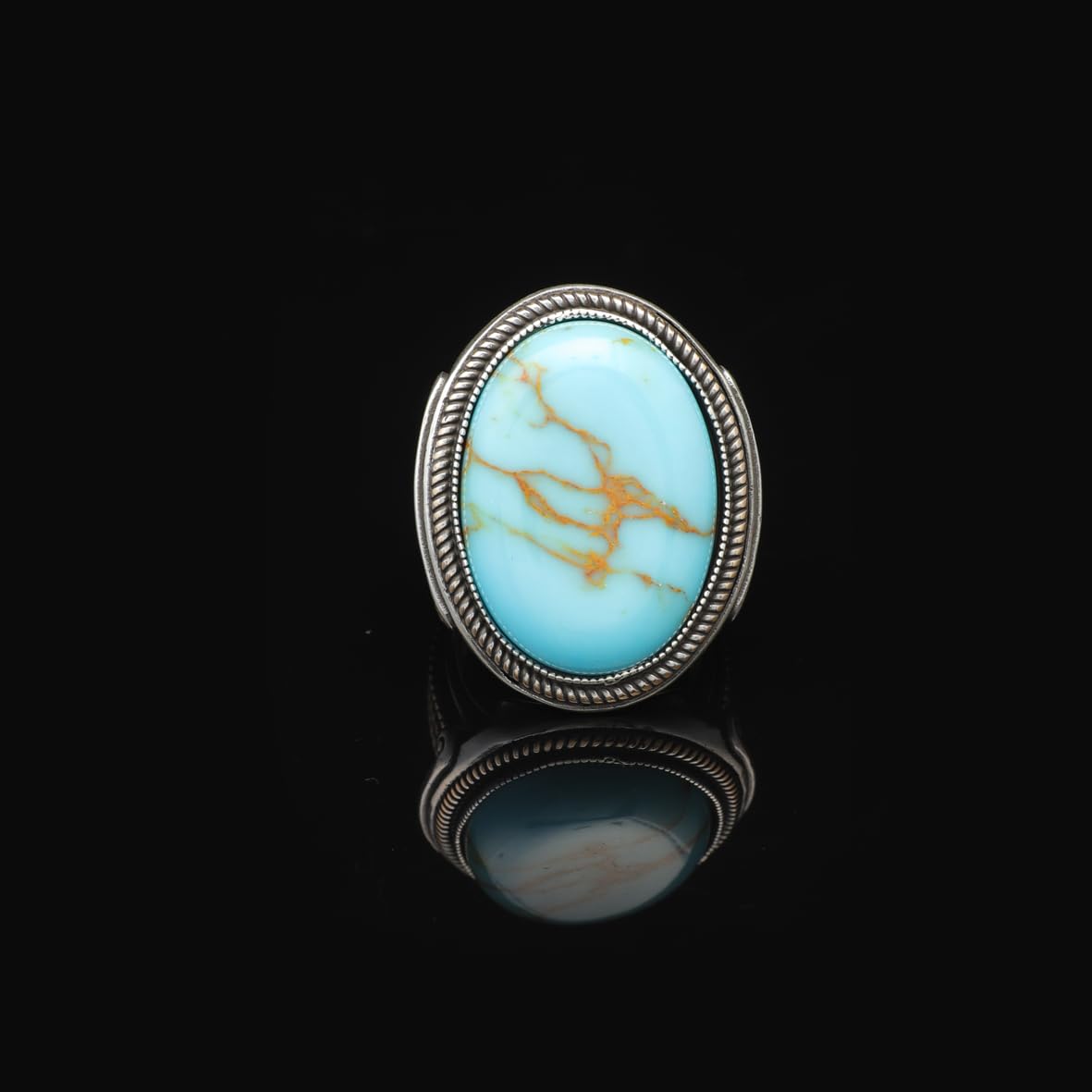 Vintage Turquoise Oval Stone Ring for Men - Large 925 Sterling Silver Turkish Handmade Polished Engagement Ring with Silver Polishing Cloth Gift