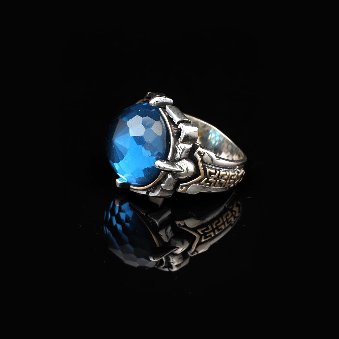 Men's Ring - Man Silver Aquamarine Stone Gemstone Ring in 925 Sterling Silver