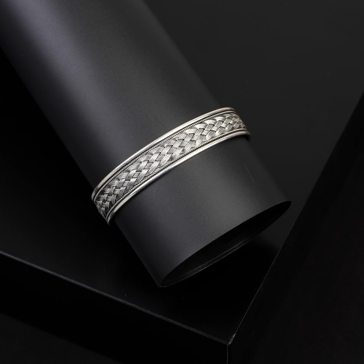 Men Thick Silver Band Bracelet – Handmade Sterling Silver Cuff Bracelet with Embroidered Design