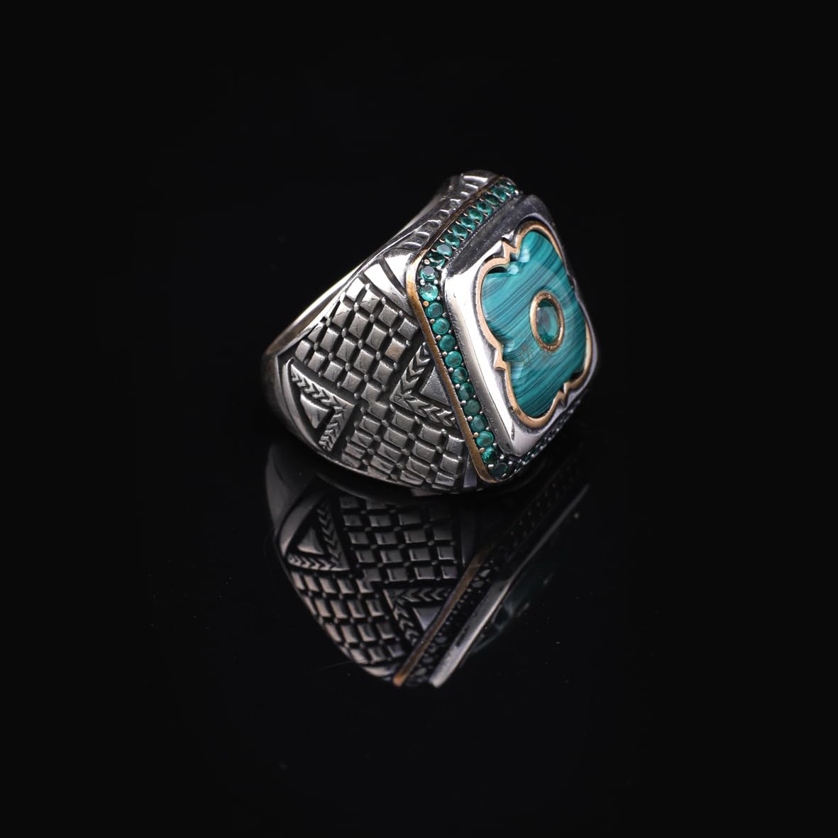 Vintage Malachite Ring with Micro Jade Stone - Handmade 925 Sterling Silver Men's Ring with Gemstone - Includes Silver Polishing Cloth Gift
