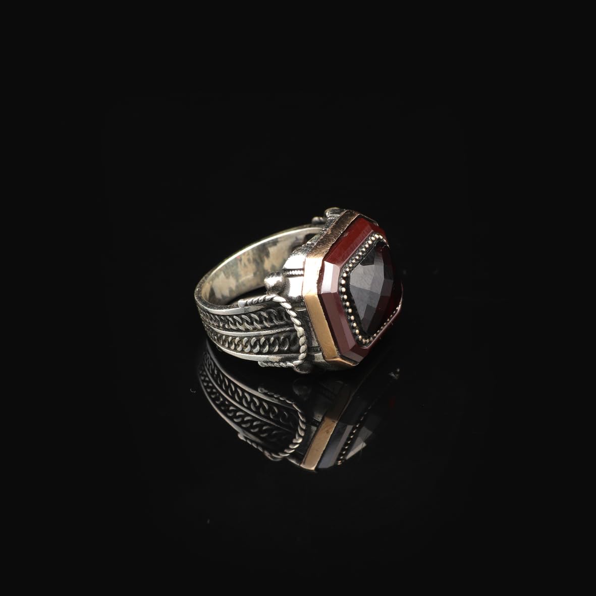 Handmade Vintage Garnet Ring - Men's 925 Sterling Silver Gemstone Ring - Turkish Design