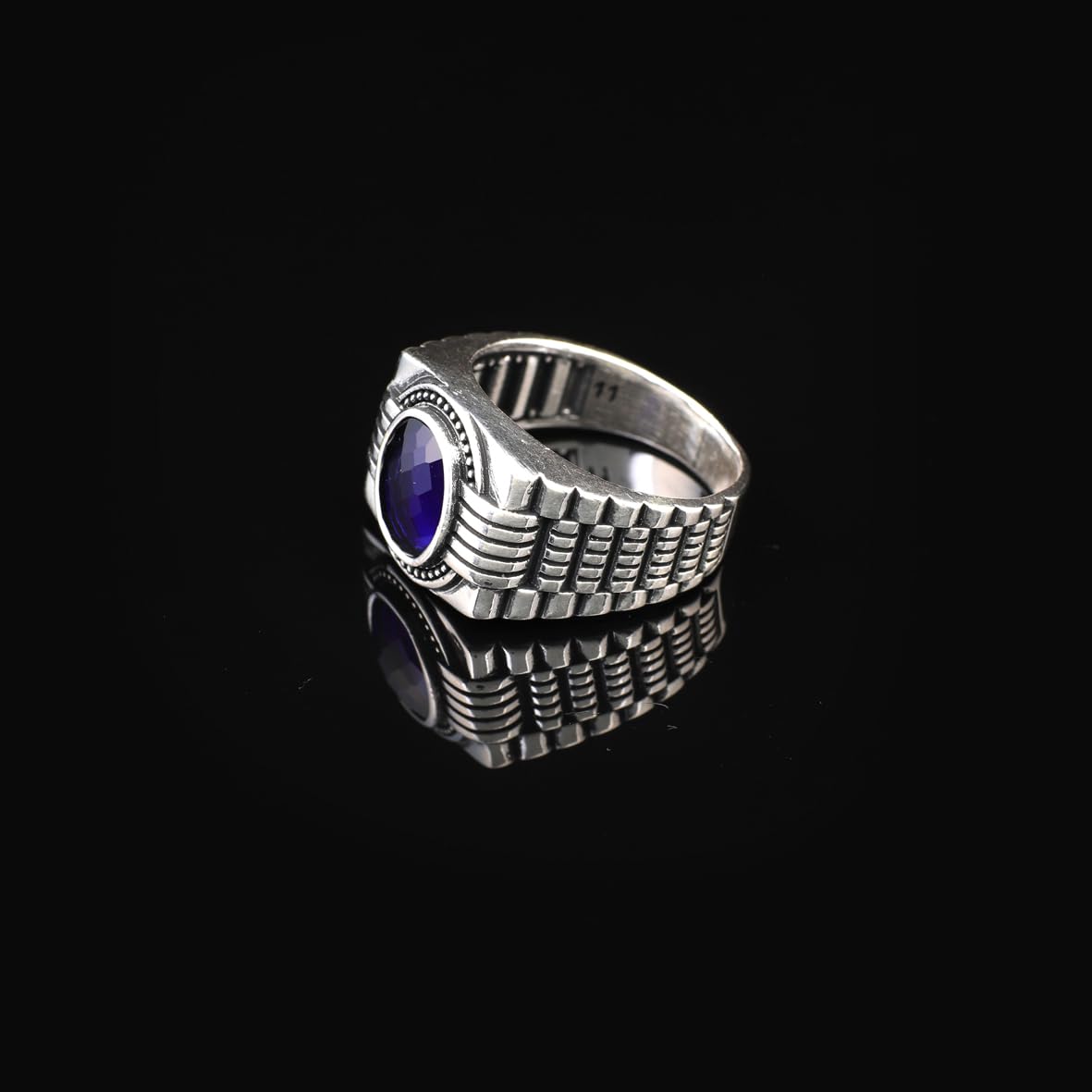 Handmade Blue Sapphire Oval Stone Watch Band Model Gemstone Ring for Men Vintage 925 Sterling Silver