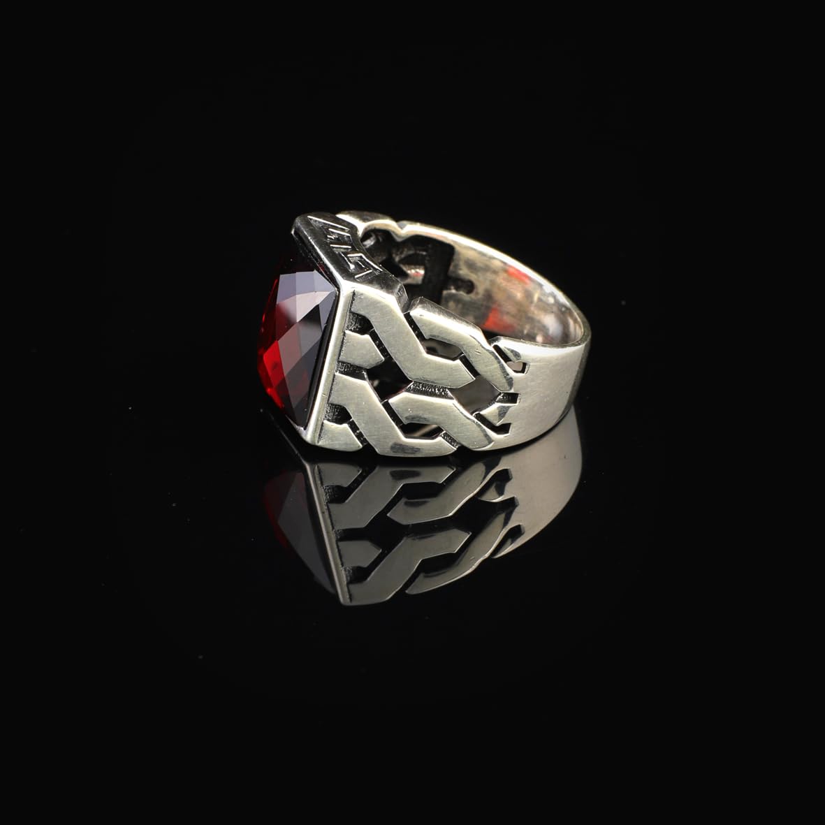 Vintage Handmade Garnet Ring for Men - Ottoman Style Sterling Silver Pinky Ring with Custom Engraving - Perfect Engagement Ring Gift with Silver Polishing Cloth