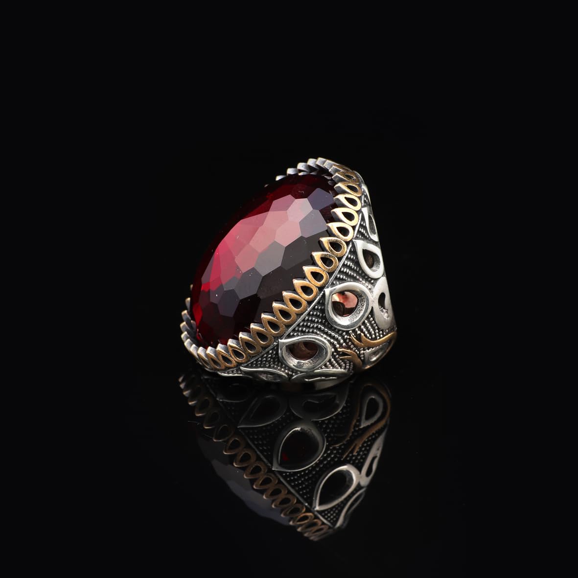 Handmade Garnet Ring with Oval Stone - Vintage Ottoman Style Men's 925 Sterling Silver Gemstone Ring + Silver Polishing Cloth Gift
