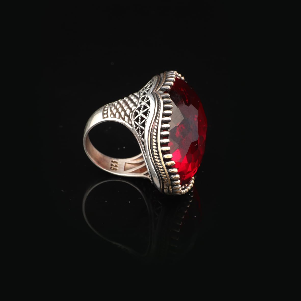 Men's 925 Sterling Silver Garnet Ring - Large Oval Vintage Stone