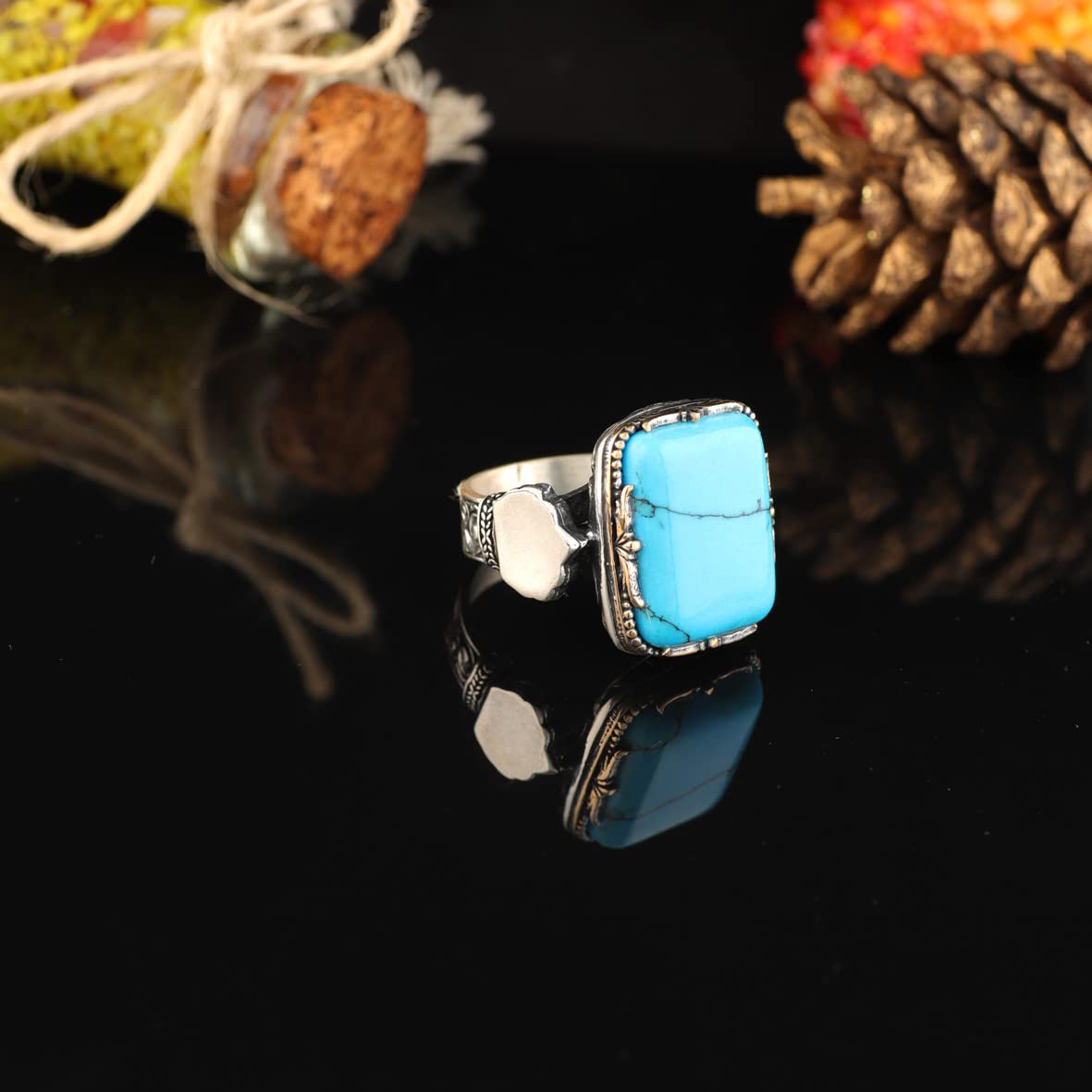 925K Sterling Silver Mens Turquoise Ring
