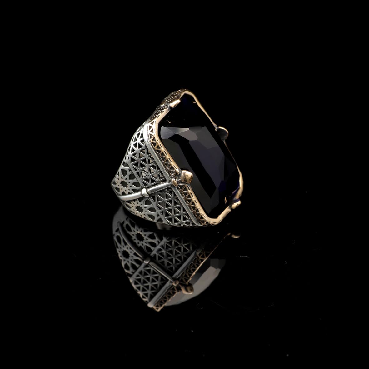 Vintage Large Blue Sapphire Ring for Men - 925 Sterling Silver Turkish Handmade Polished Engagement Ring with Silver Polishing Cloth Gift