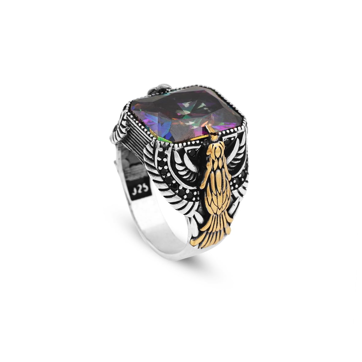 Mystic Topaz Ring with Eagle Design- Vintage Handmade Gemstone Men's Sterling Silver Ring - Includes Silver Polishing Cloth Gift