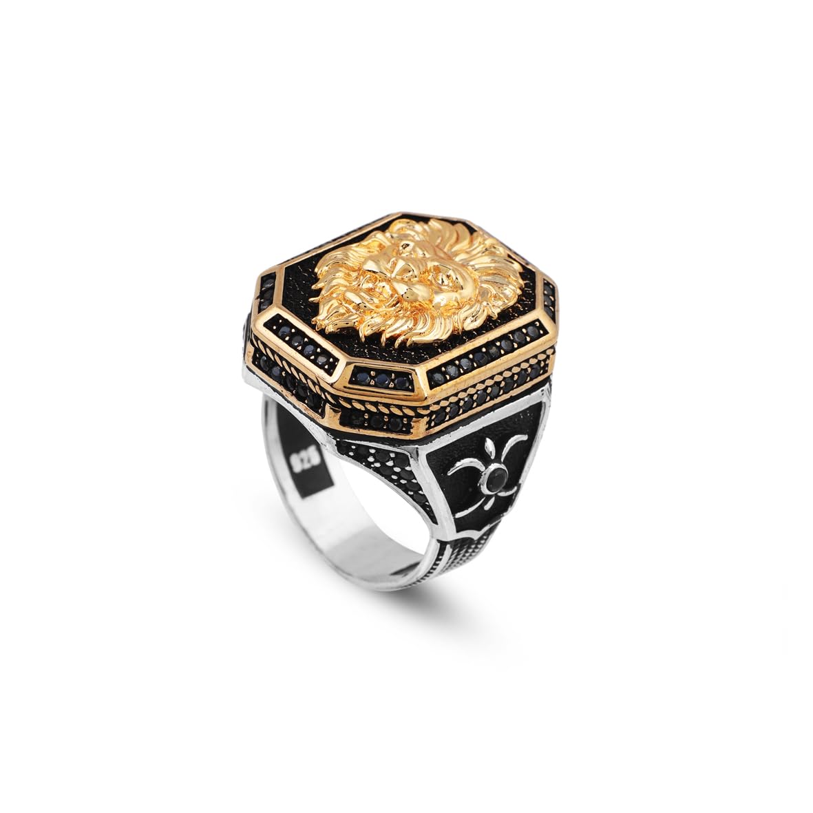 Micro Onyx Stone Lion Ring - Signet Gemstone Ring for Men Vintage Handmade 925 Sterling Silver - Comes with Silver Polishing Cloth Gift