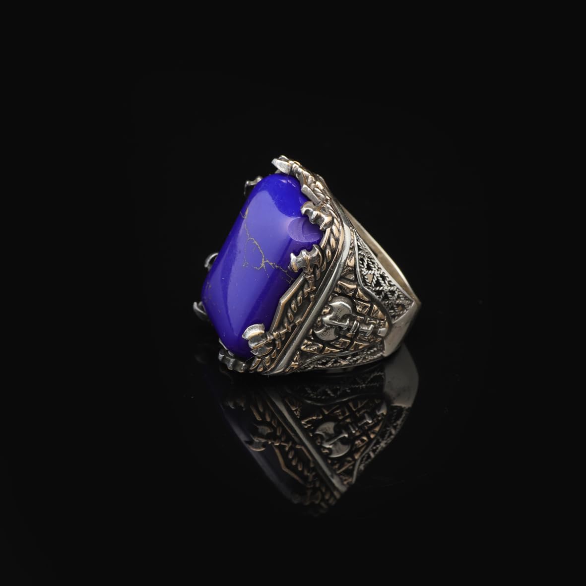 Vintage Large Lapis Lazuli Ax Ring for Men - 925 Sterling Silver Turkish Handmade Polished Engagement Ring with Silver Polishing Cloth Gift