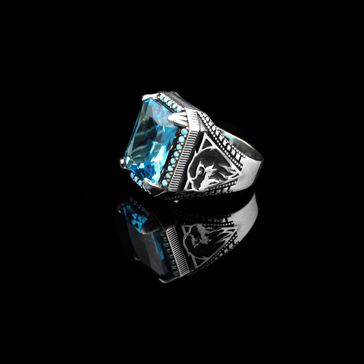 Vintage Aquamarine Eagle Signet Ring for Men – Handmade Sterling Silver Gemstone Engagement Ring with Custom Engraving & Gift Silver Polishing Cloth