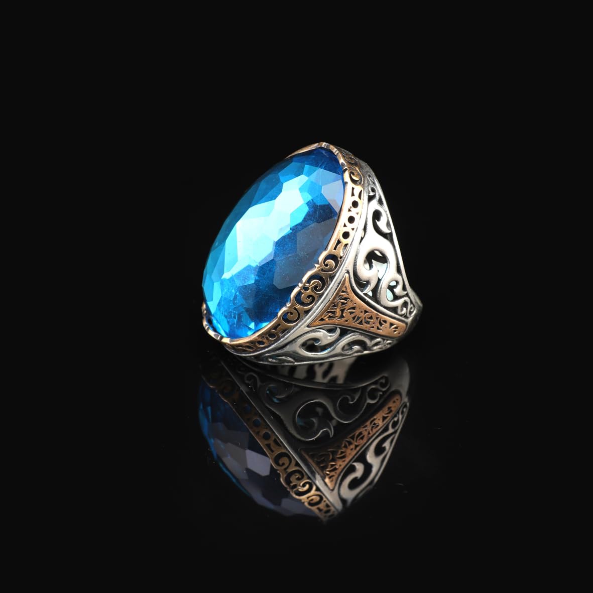 Aquamarine Ring - Oval Stone Large Gemstone Ring for Men Vintage Ottoman Handmade 925 Sterling Silver Rings with Silver Polishing Cloth Gift