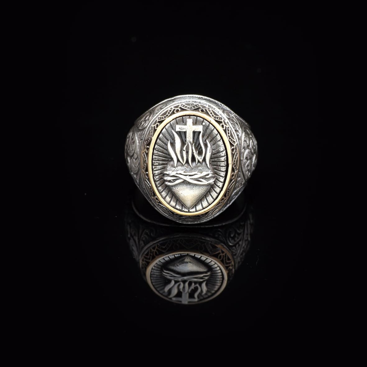Vintage Heart Design Cross Signet Ring for Men - 925 Sterling Silver Christian Statement Ring - Polished Handmade Engagement Ring with Custom Engraving