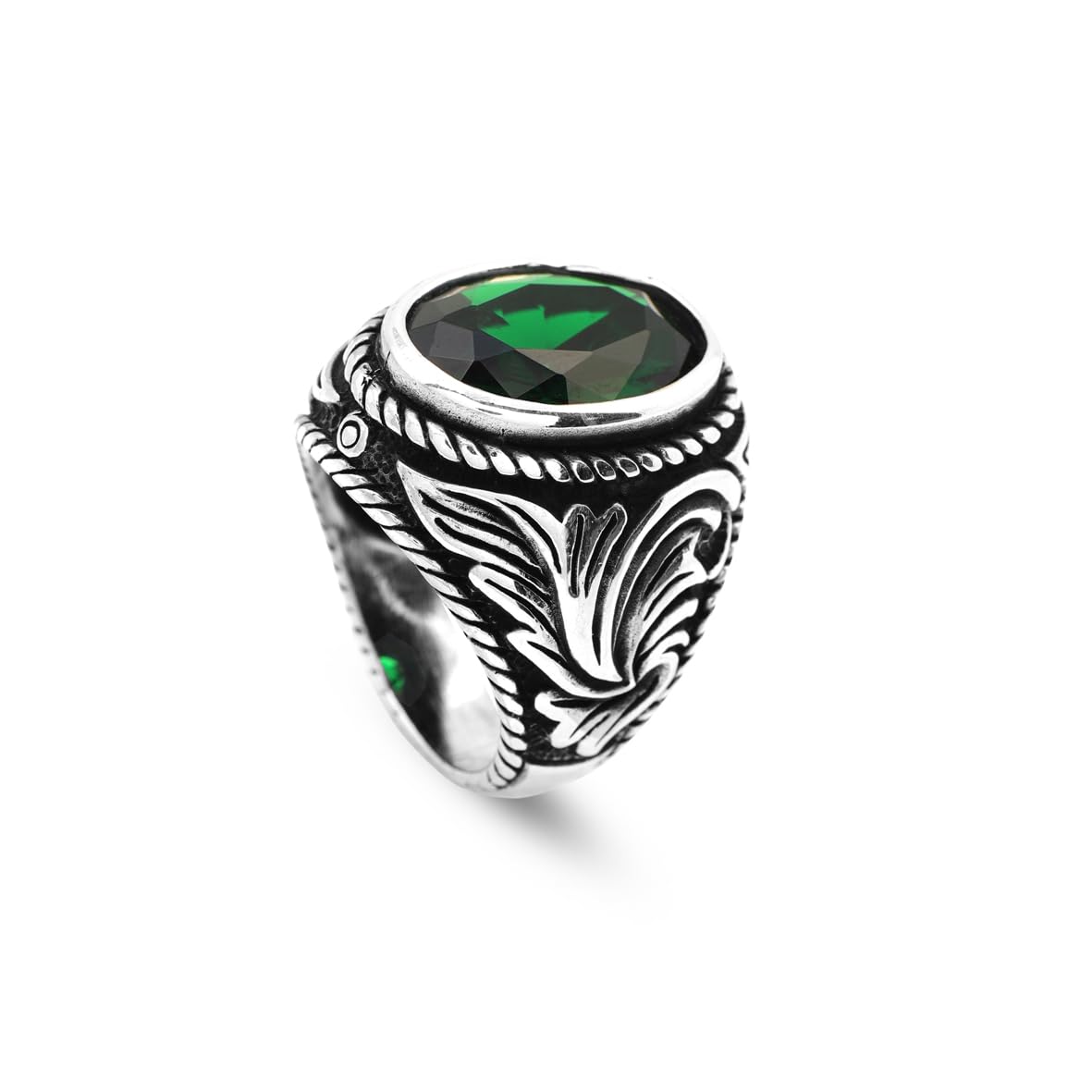 Mens Emerald Ring – Oval Ottoman Style Sterling Silver Gemstone Ring