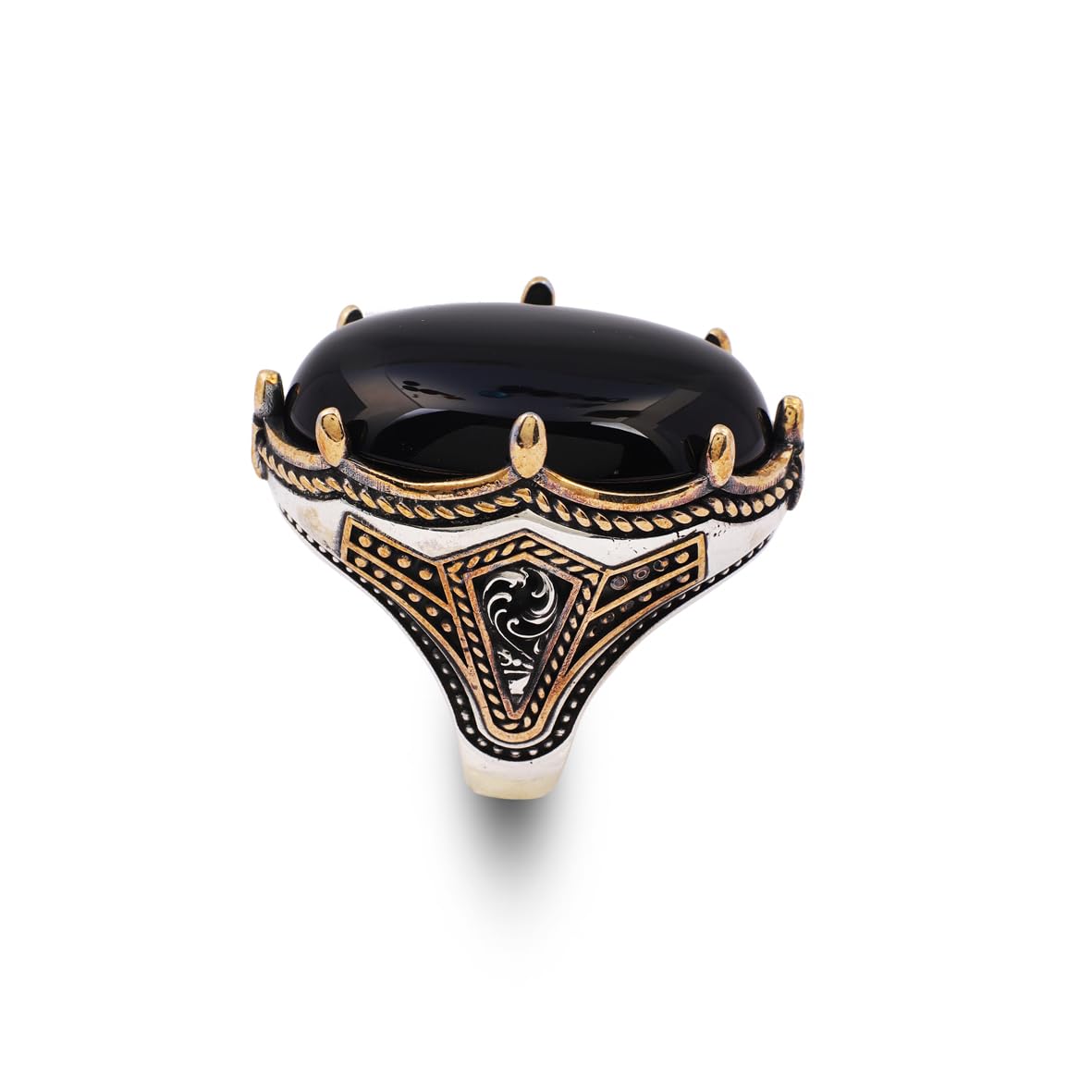 Vintage Men's Handmade Onyx Ring with Oval Gemstone - Large Ottoman Style 925 Sterling Silver Band - Includes Silver Polishing Cloth Gift