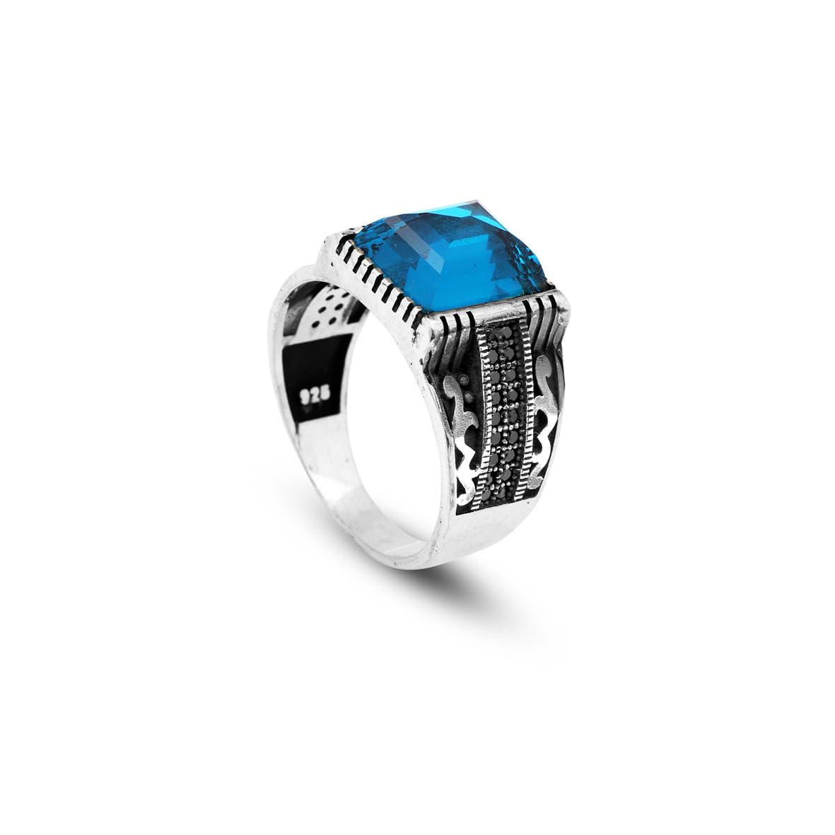 Handmade Aquamarine Gemstone Square Stone Ring for Men Vintage 925 Sterling Silver
