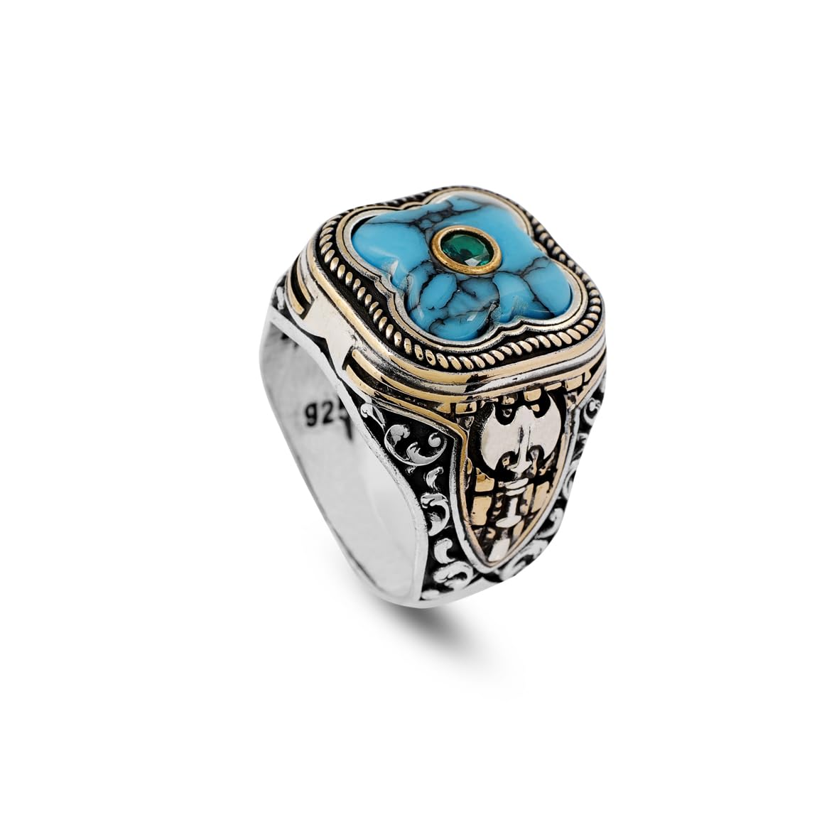 Genuine Turquoise Men's Ax Ring with Micro Emerald Stone - Vintage Handmade 925 Sterling Silver Ring for Men - Includes Silver Polishing Cloth Gift