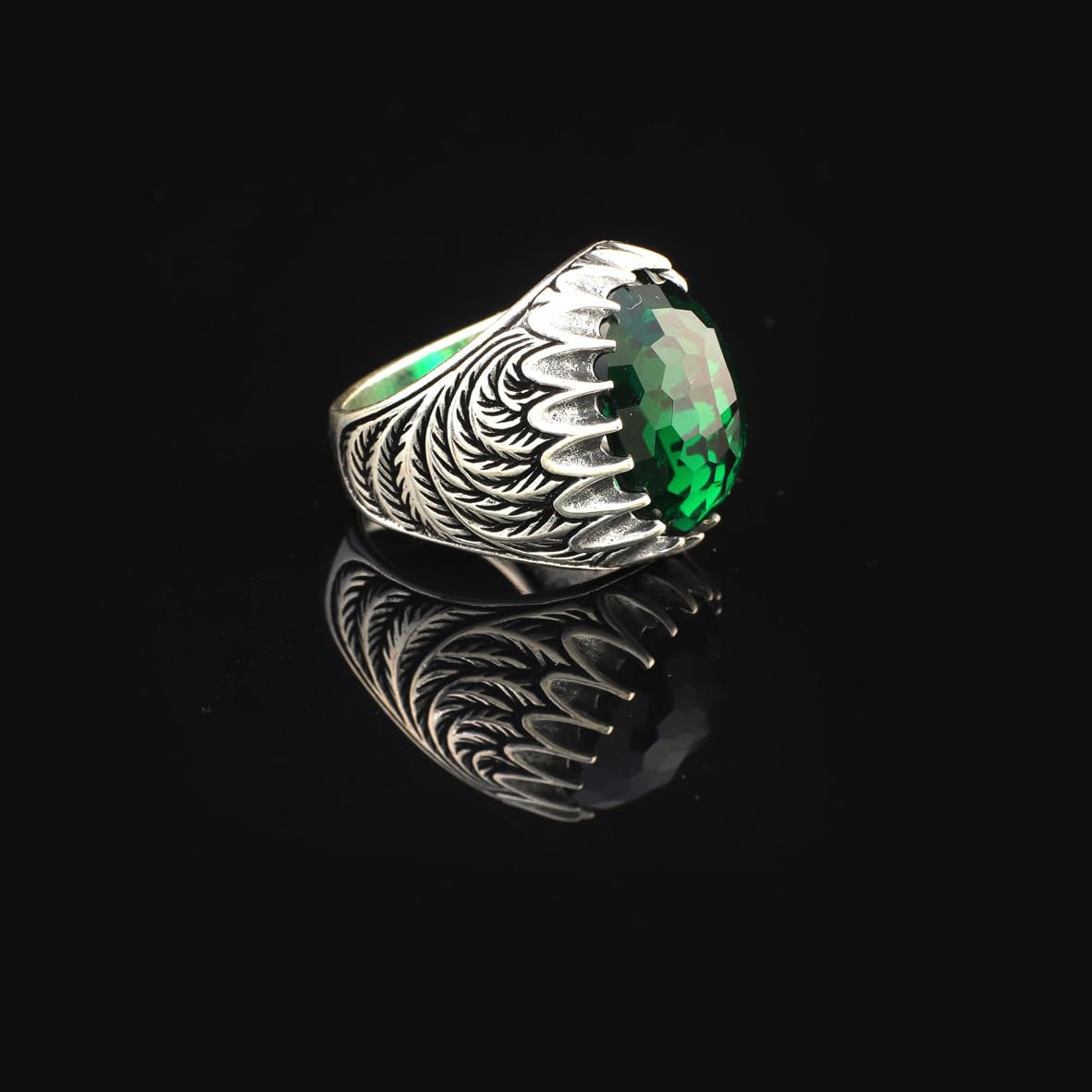 Emerald Ottoman Oval Gemstone Ring – Handmade 925 Sterling Silver Vintage Ring for Men – Custom Engraved Engagement Ring with Gift Silver Polishing Cloth