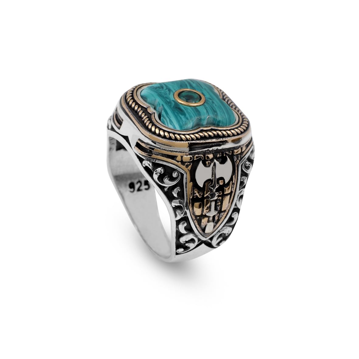 Handmade Vintage Malachite Ax Ring - 925 Sterling Silver Men's Ring with Micro Jade Gemstone - 925 Sterling Silver Rings for Men - Birthday Gifts