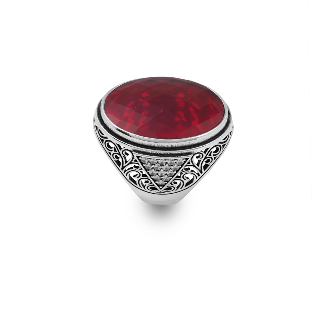 Garnet Ring – Large Chunky Silver Ottoman Gemstone Ring with Micro Sapphire Stone – Handmade Sterling Silver Ring for Men – Vintage Engagement Ring with Custom Engraving