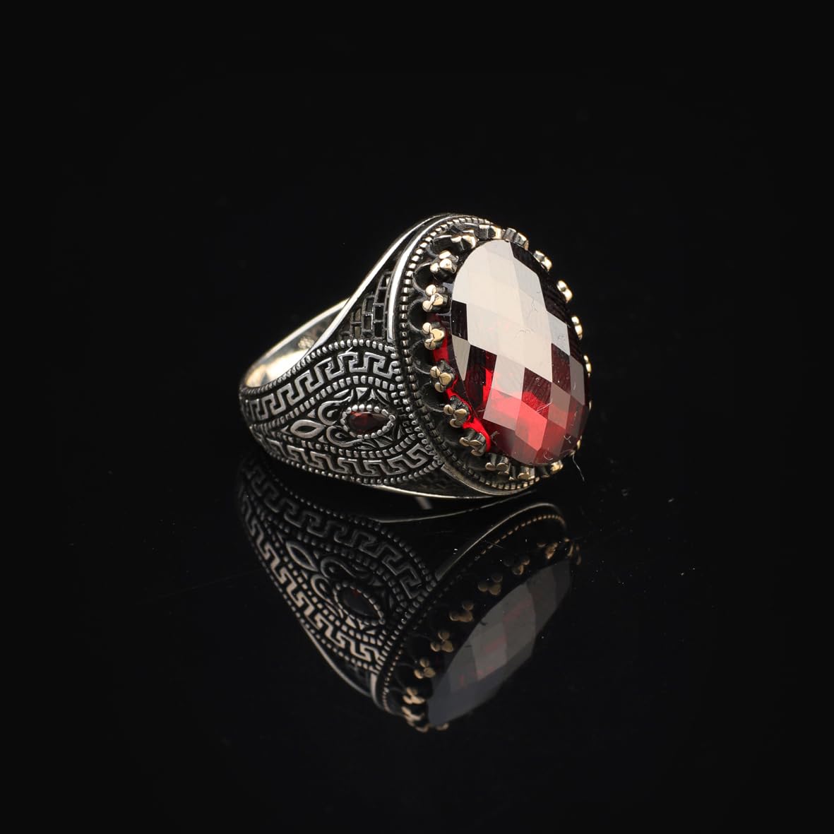 925 Sterling Silver Garnet Ring – Oval Ottoman Gemstone Ring for Men