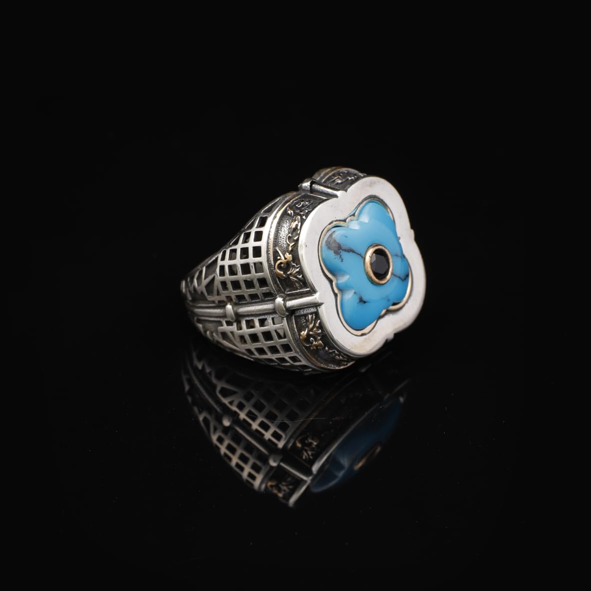 Genuine Turquoise Men's Ring with Micro Onyx Accent - Handmade Vintage Sword Design 925 Sterling Silver Jewelry for Men - Includes Silver Polishing Cloth Gift