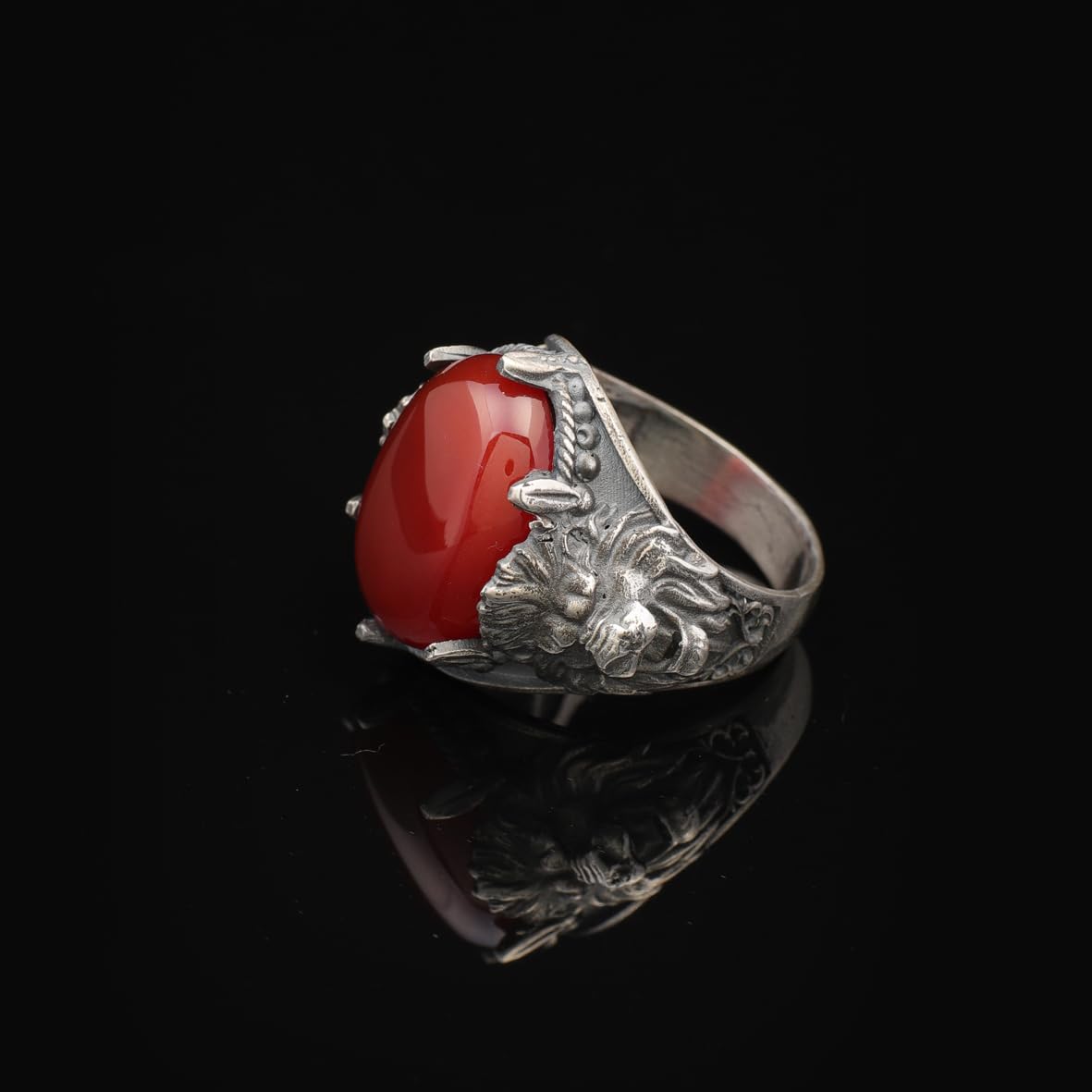 Handmade Carnelian Lion Ring - 925 Sterling Silver Oval Stone Signet Ring for Men