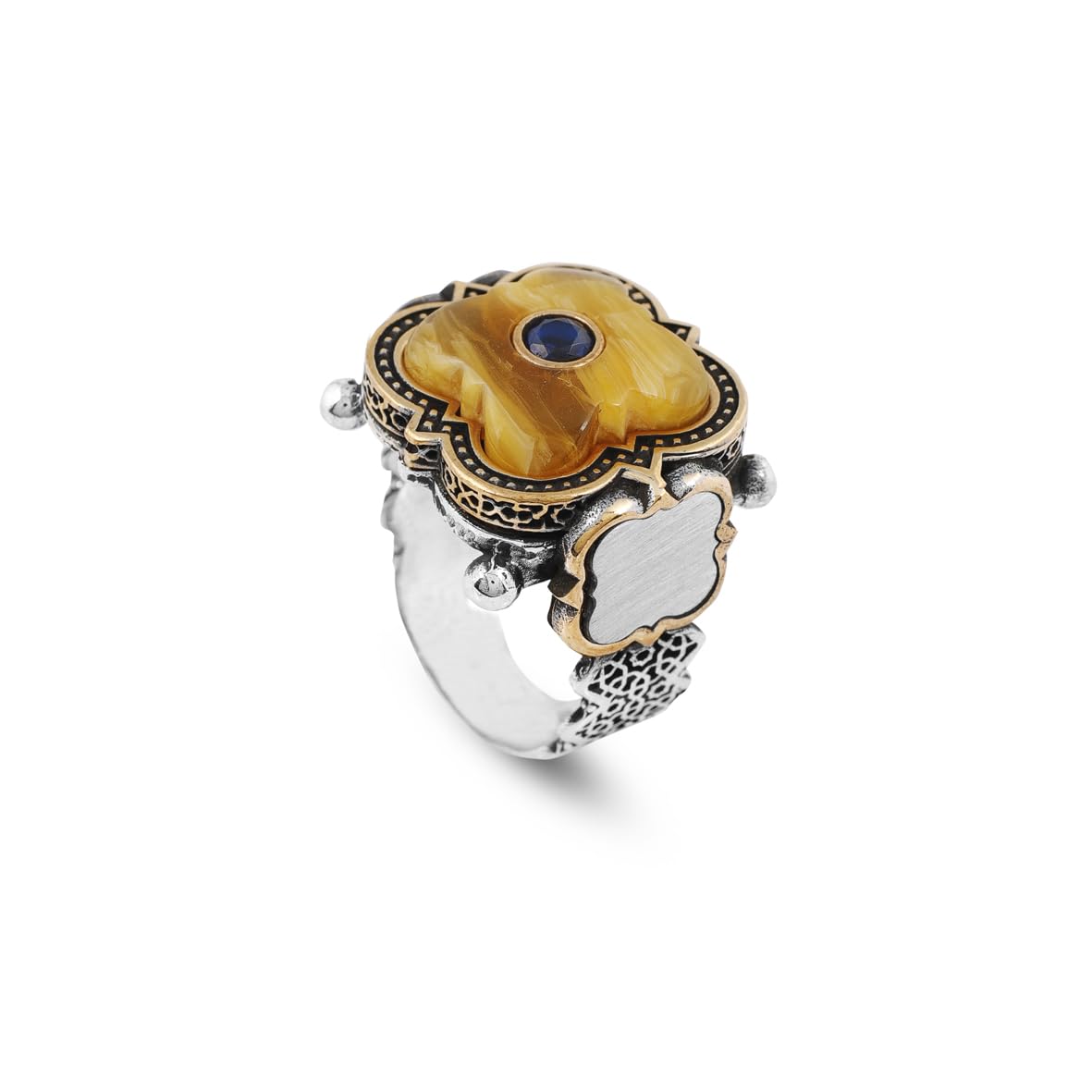 Handmade 925 Sterling Silver Men's Ring with Squeeze Amber & Blue Sapphire