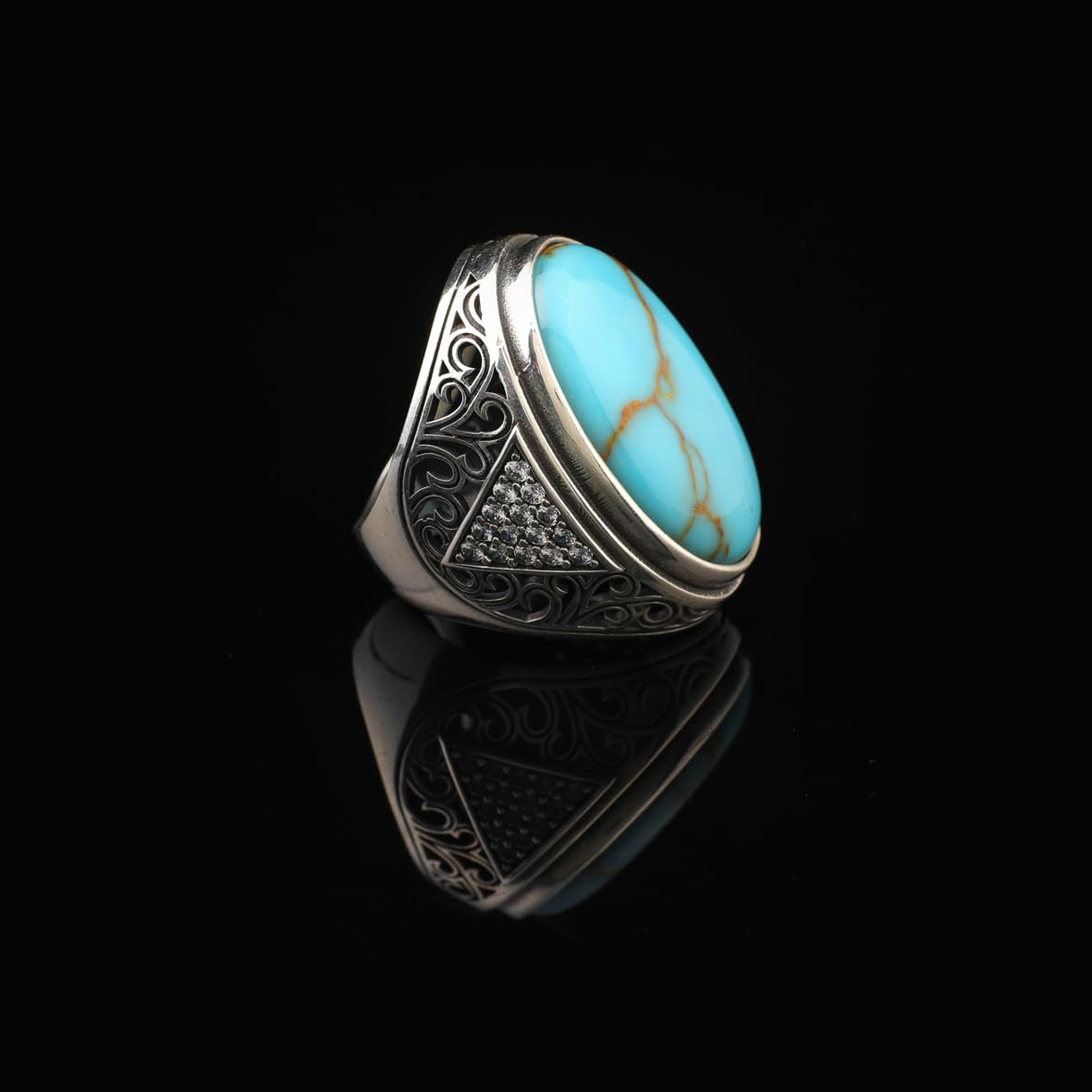 Large Turquoise Ring for Men – Chunky Sterling Silver Gemstone Ring with Micro Sapphire Stone