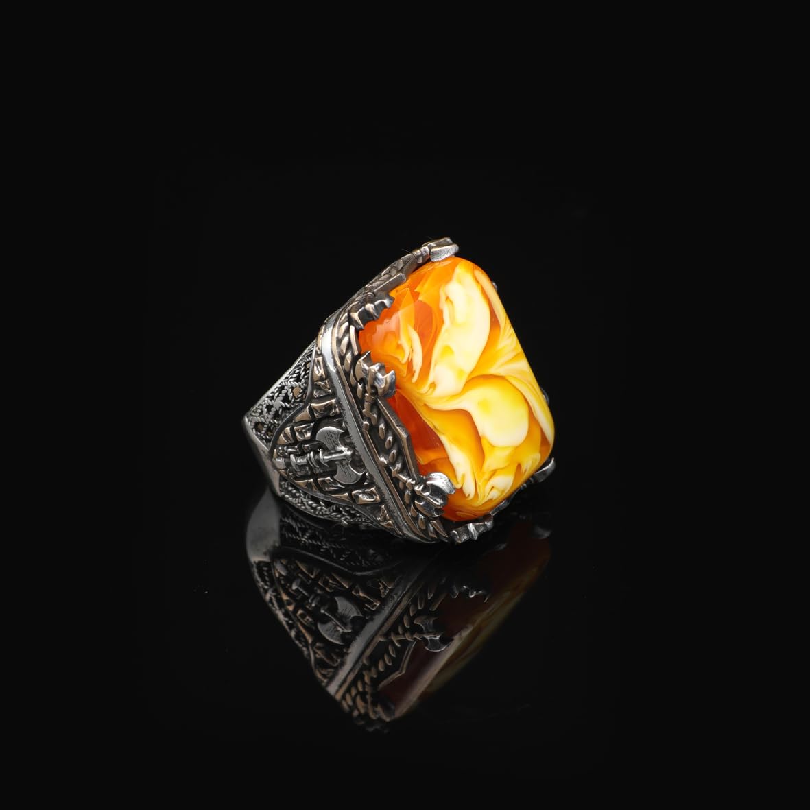 Vintage Large Squeezing Amber Axe Ring for Men - 925 Sterling Silver Turkish Handmade Polished Engagement Ring with Silver Polishing Cloth Gift