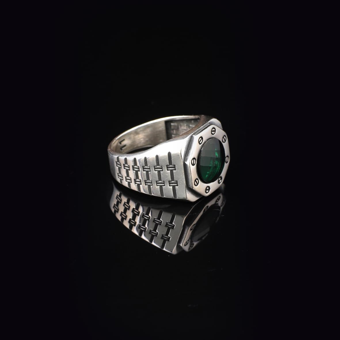 Handmade Emerald Gemstone Watch Band Engagement Ring for Men Vintage 925 Sterling Silver