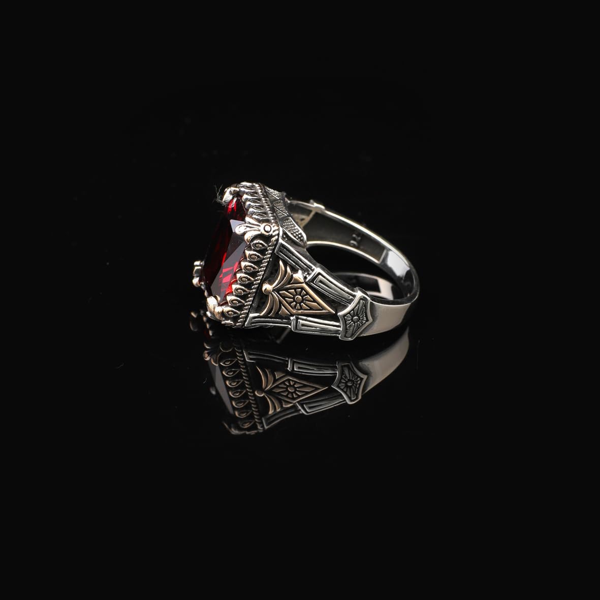 Handmade Garnet Pinky Ring - Vintage Ottoman Style Sterling Silver Ring for Men with Custom Engraving - Men's Gemstone Engagement Ring with Silver Polishing Cloth Gift