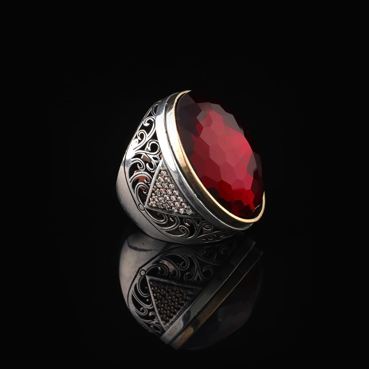 Men’s Chunky Sterling Silver Garnet and Micro Sapphire Ring – Handmade Ottoman Gemstone Ring with Vintage Design