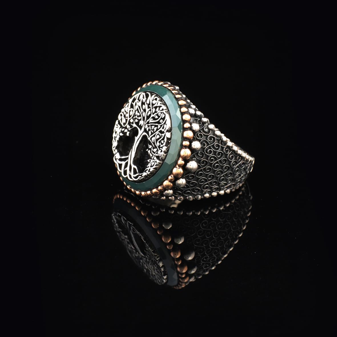 Tree of Life Jade Signet Ring - Sterling Silver Pinky Ring for Men with Gemstone