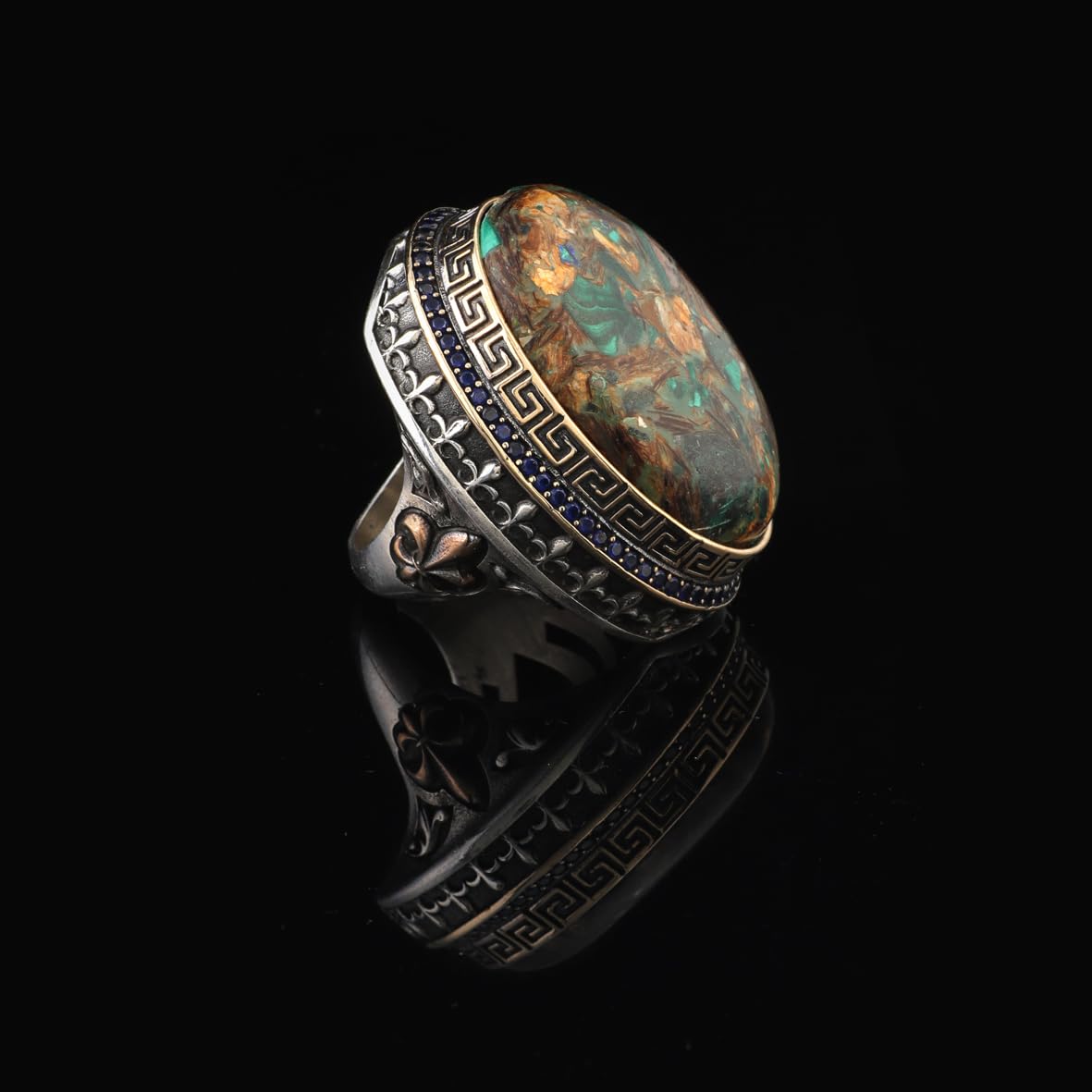 Iris Flower Model Special Turquoise Ring - Chunky Sterling Silver Engagement Ring for Men