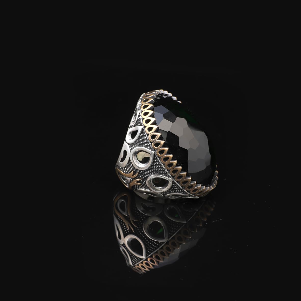 Emerald Oval Gemstone Ring - Large Handmade Ottoman Style Vintage Men's 925 Sterling Silver Ring with Silver Polishing Cloth Gift