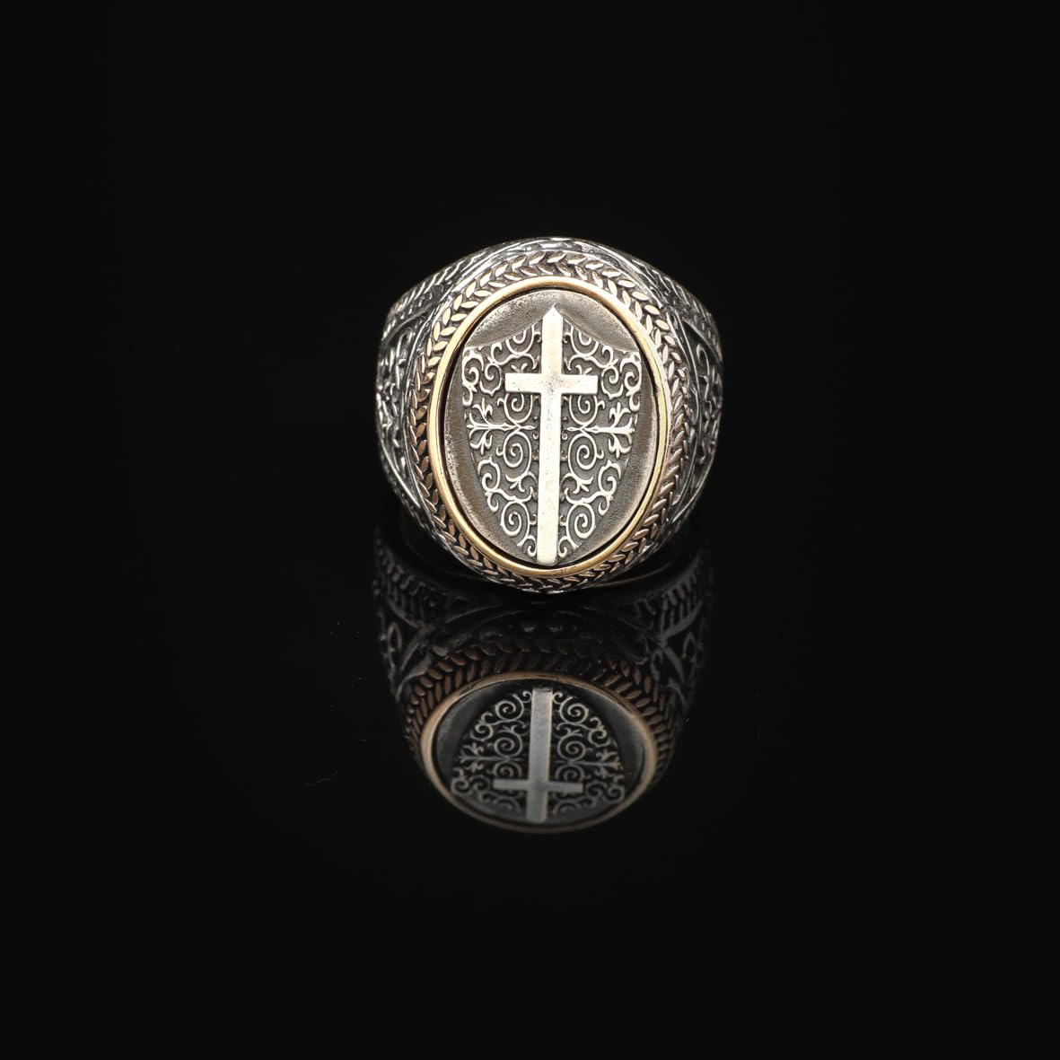 Vintage Shield Cross Signet Ring for Men - 925 Sterling Silver Christian Statement Ring - Polished Handmade Engagement Ring with Custom Engraving