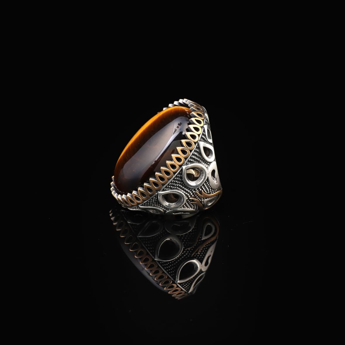 Tiger Eye Ring - Oval Gemstone Men's Vintage Handmade Ottoman Design - 925 Sterling Silver Rings with Silver Polishing Cloth Gift